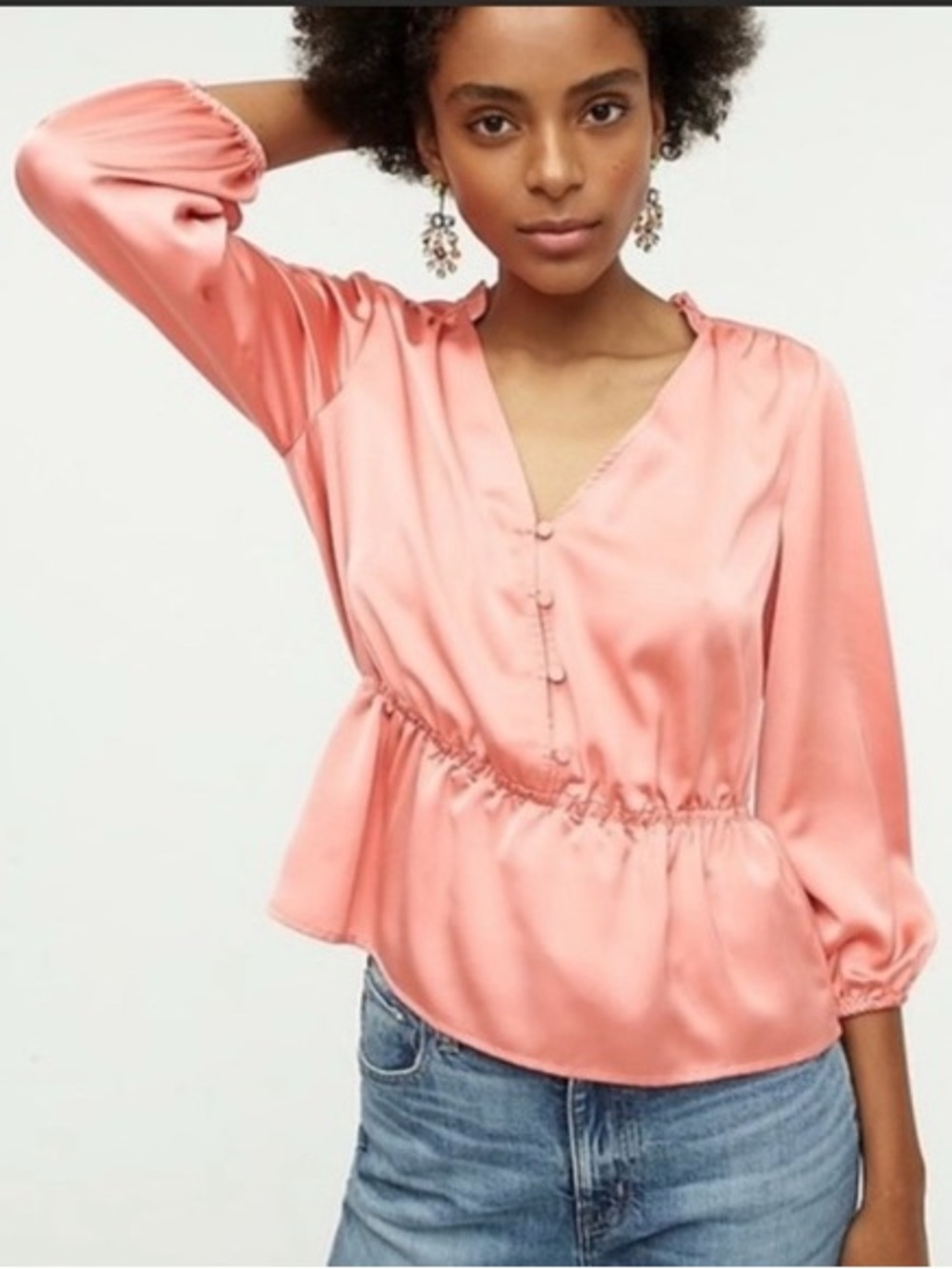 J.Crew Women 6 Coral Satin 3/4 Sleeves V-Neck Button-Detail Peplum Top NWT